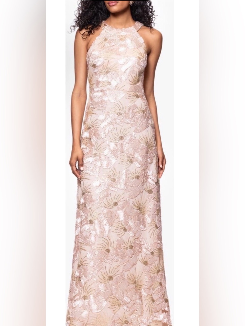 New Betsy & Adam Sequin Floral Sleeveless Gown In Champagne Size 10 $279